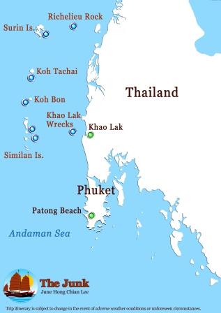 De kaart van de de Similan eilanden bij Phuket in Thailand